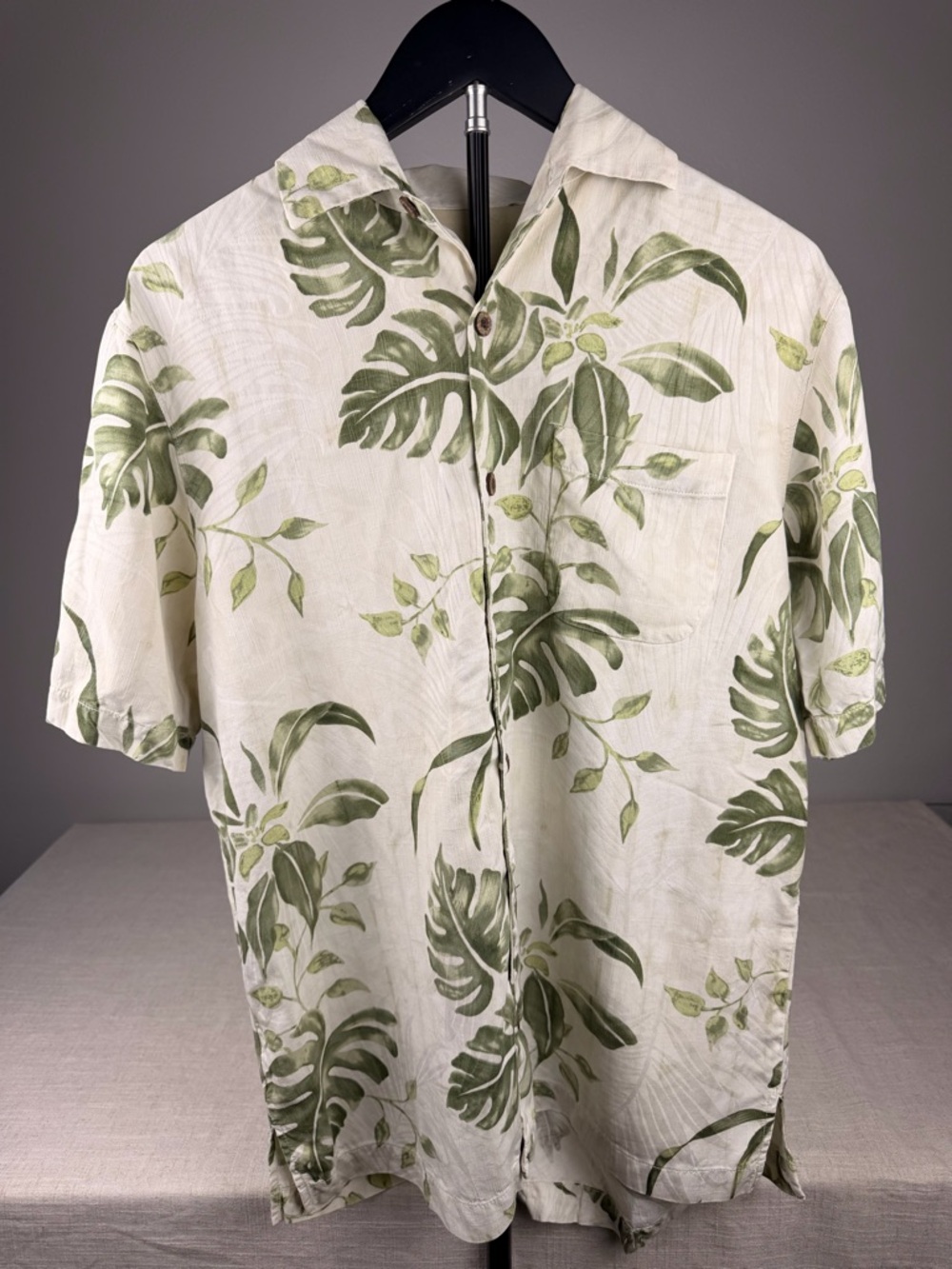 Tommy Bahama Cream and Green Tropical Print Button-Down Shirt